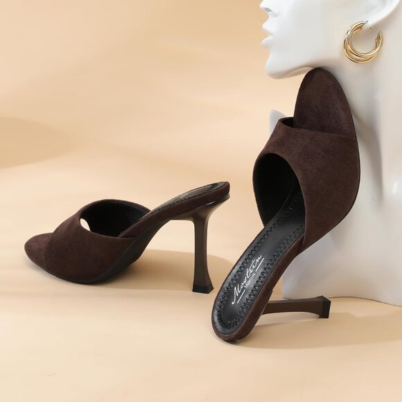 Women's Dark Brown Suede Round Toe Heels With Bow Vintage Mules Sexy Slip on - Picture 7 of 9